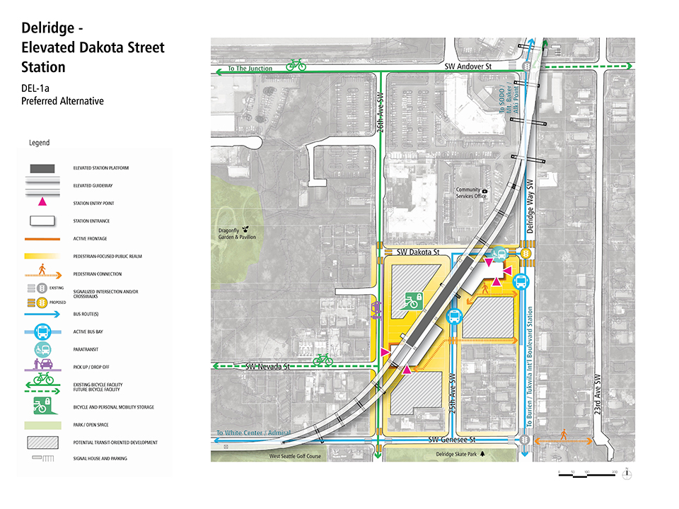 A map that describes how pedestrians, bus riders, bicyclists, and drivers could access the Delridge - Elevated Dakota Street Station Alternative.